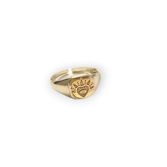 Open Heart Signet 18k Gold Plated Sterling Silver 925 Resizable Ring (Size 4-11) - Picture 14 of 15